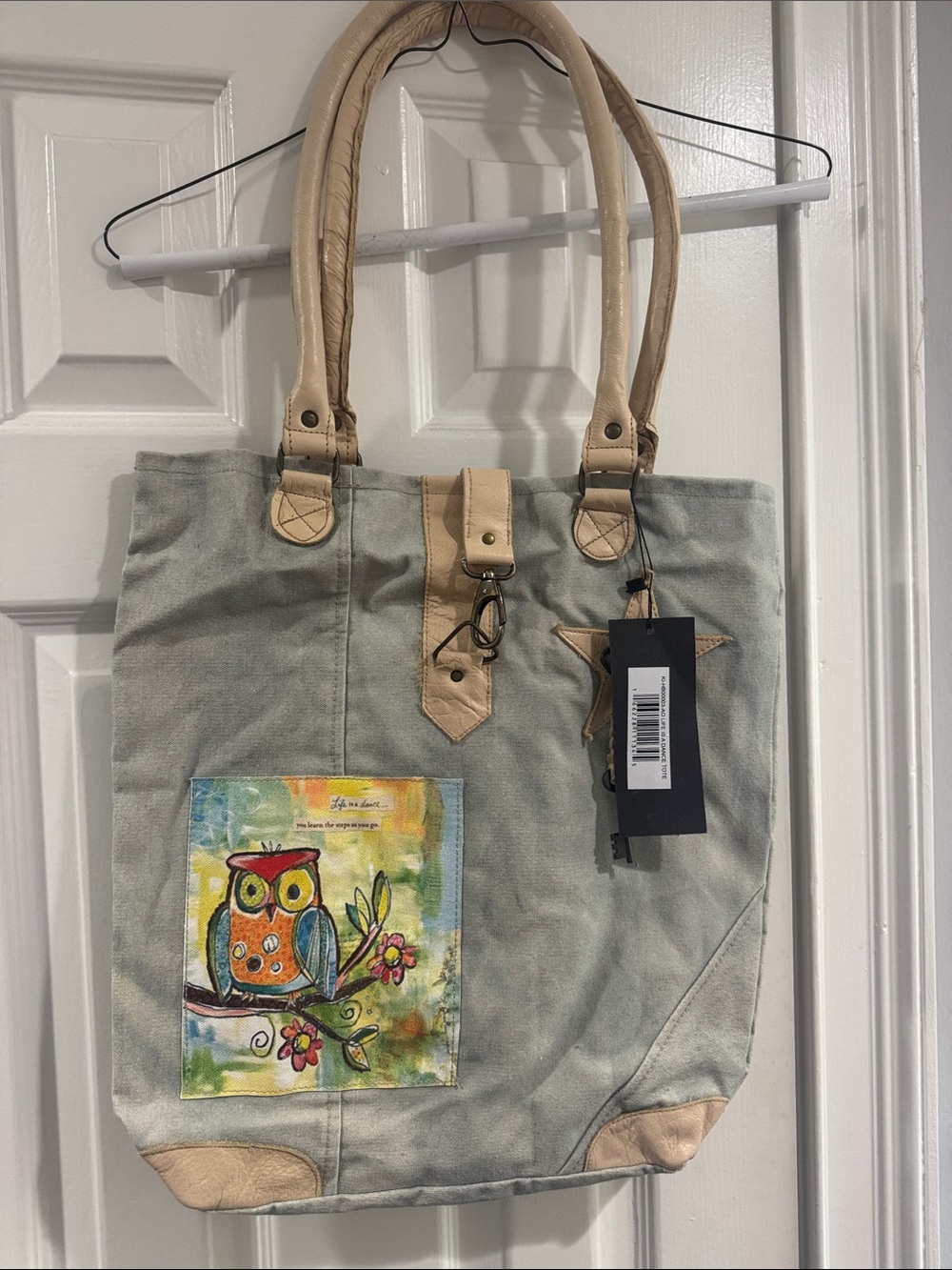 Canvas Tote Bag with Colorful Owl Patch - Beige and Cream